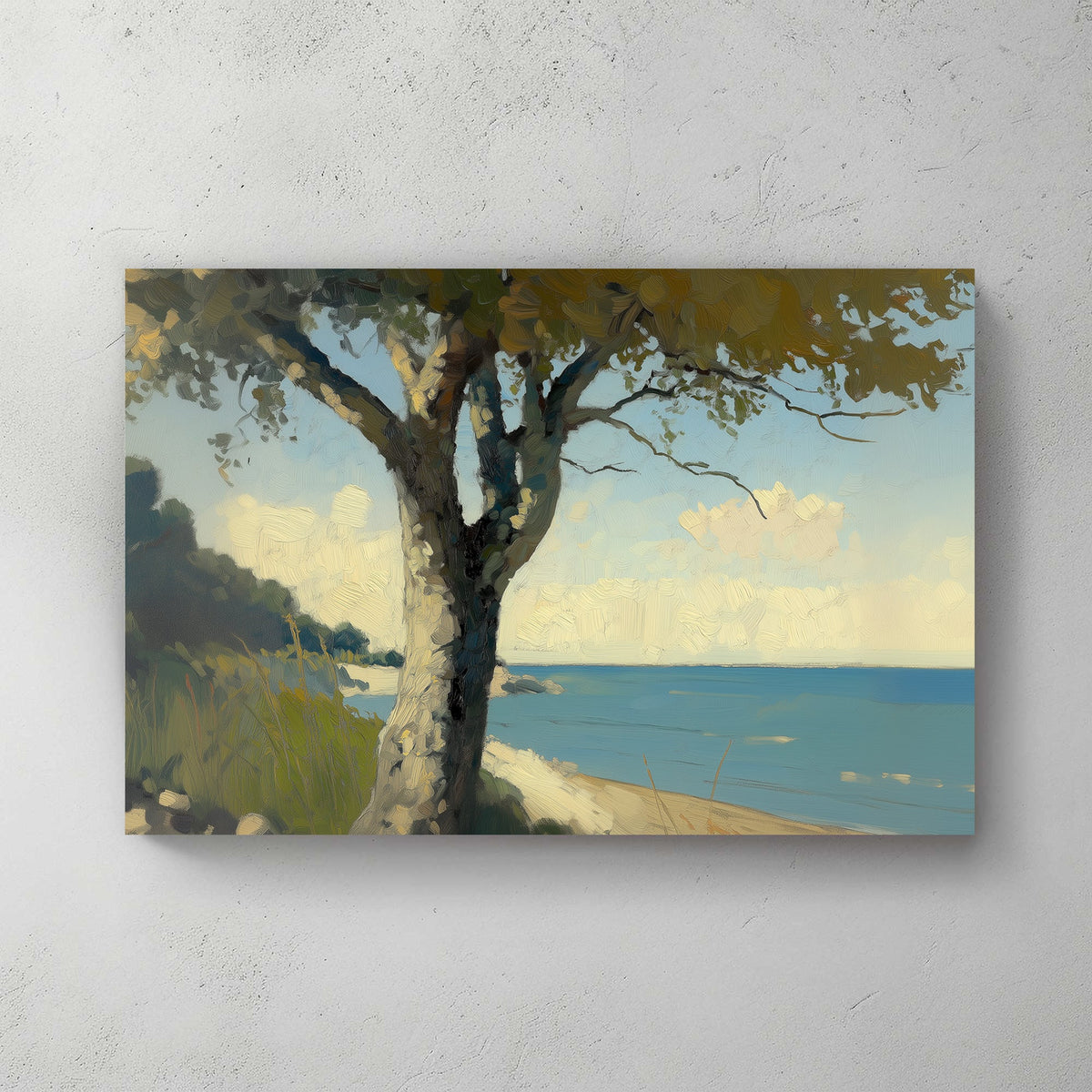 Impressionist wall art print of a sunlit tree by a calm coastline with clear skies and tranquil waters in soft tones.