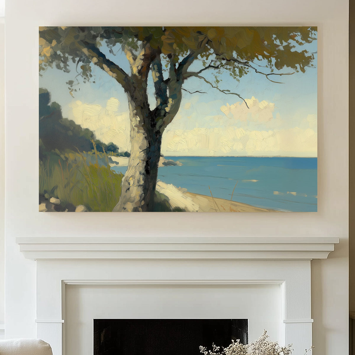 Impressionist wall art print of a sunlit tree by a calm coastline with clear skies and tranquil waters in soft tones.