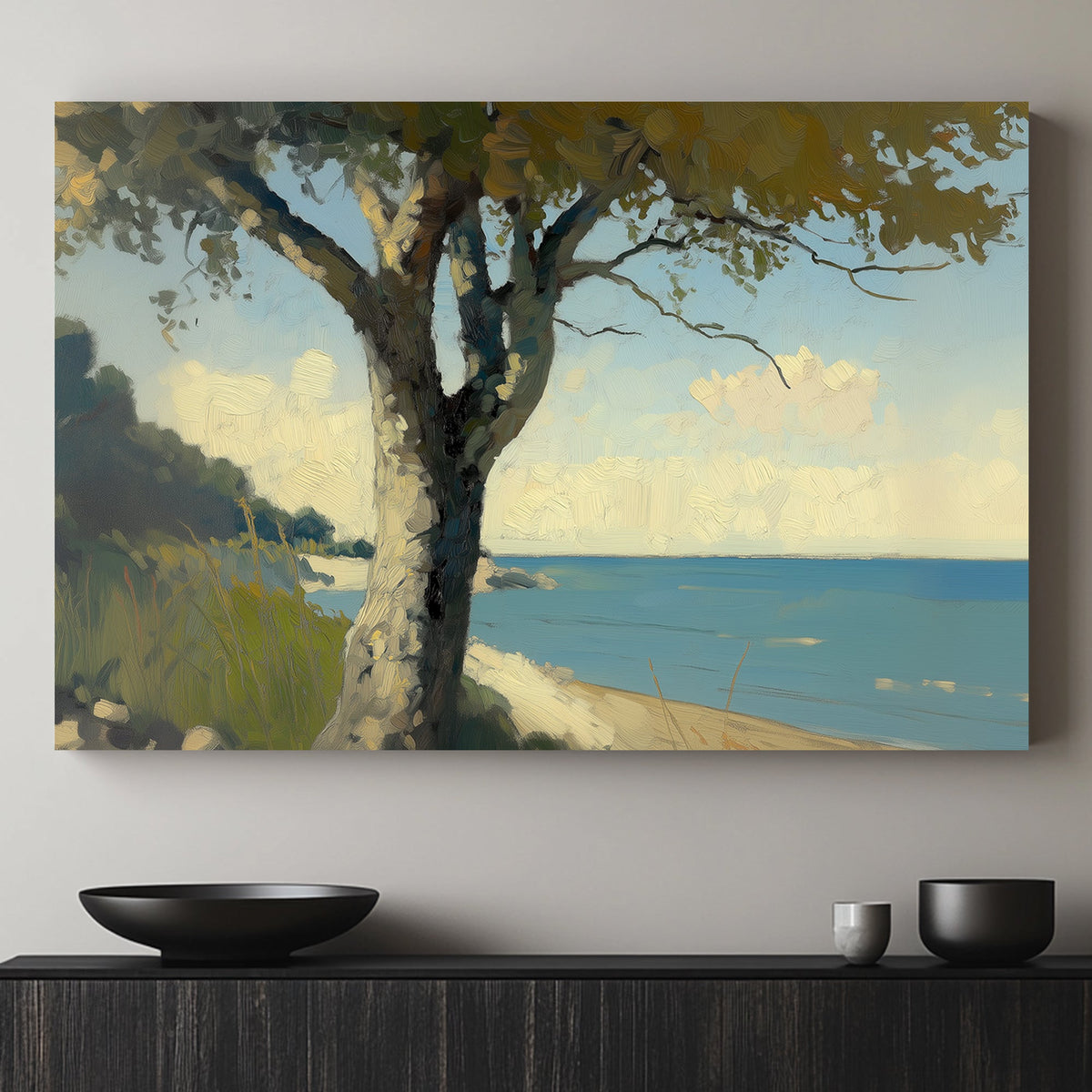 Impressionist wall art print of a sunlit tree by a calm coastline with clear skies and tranquil waters in soft tones.
