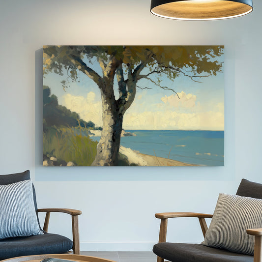 Impressionist wall art print of a sunlit tree by a calm coastline with clear skies and tranquil waters in soft tones.