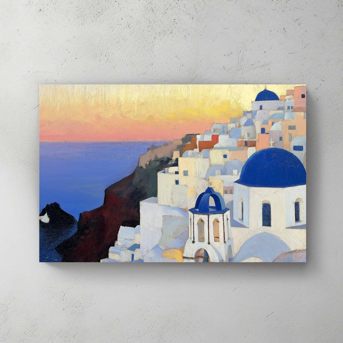 Impressionist wall art print of Santorini’s iconic white buildings and blue domes at sunset with a calm ocean view.