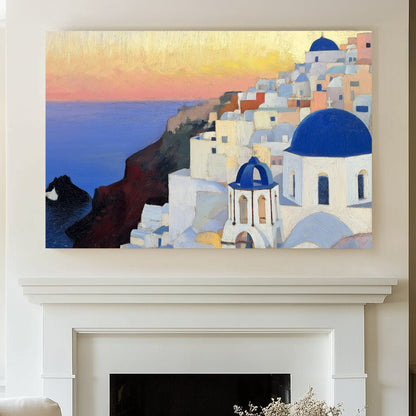 Impressionist wall art print of Santorini’s iconic white buildings and blue domes at sunset with a calm ocean view.