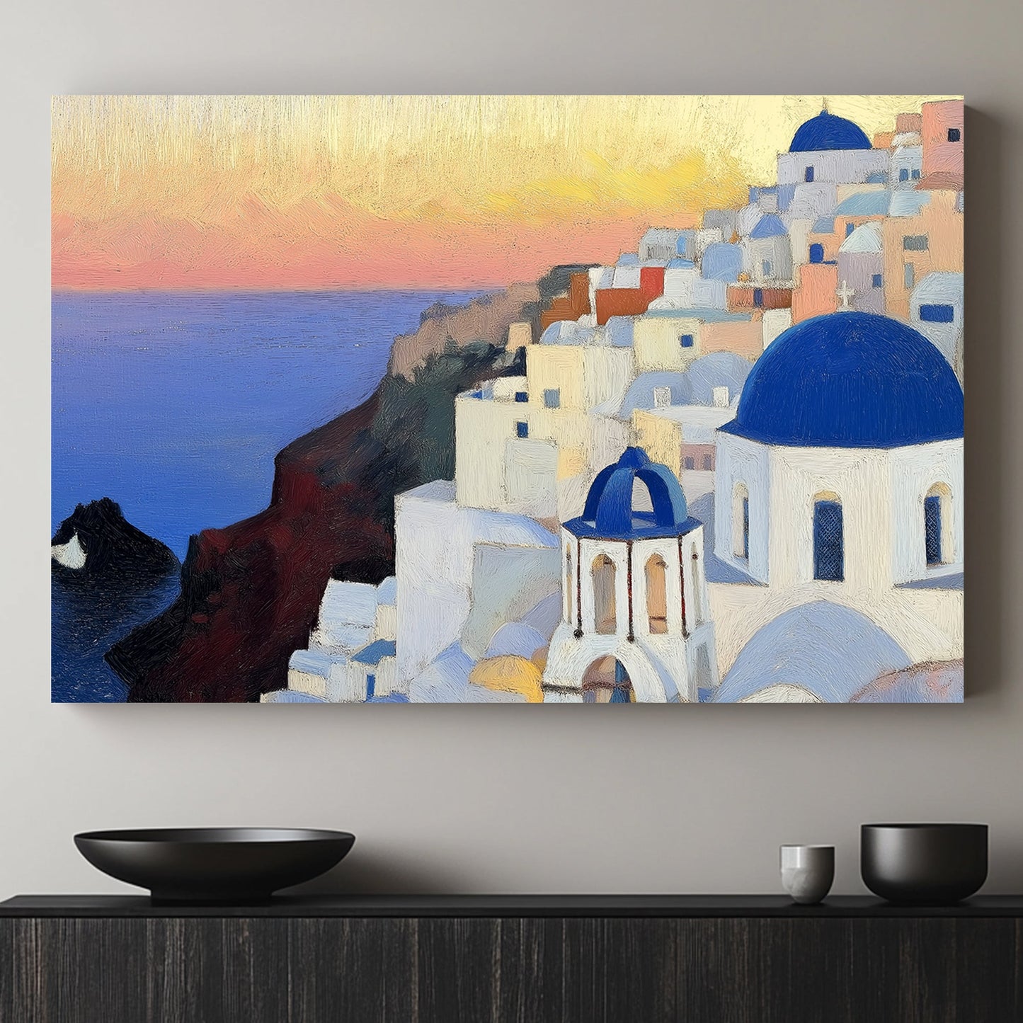 Impressionist wall art print of Santorini’s iconic white buildings and blue domes at sunset with a calm ocean view.