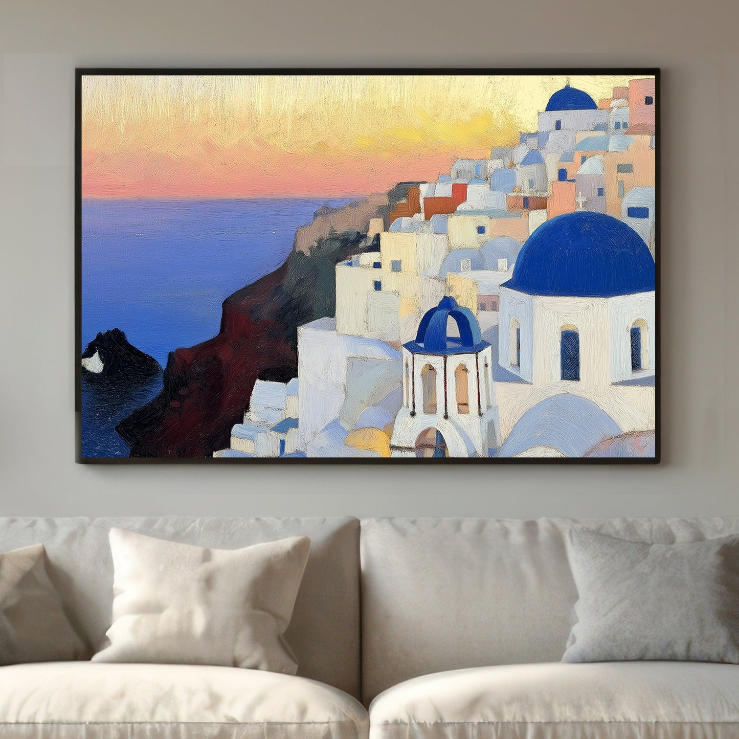 Impressionist wall art print of Santorini’s iconic white buildings and blue domes at sunset with a calm ocean view.