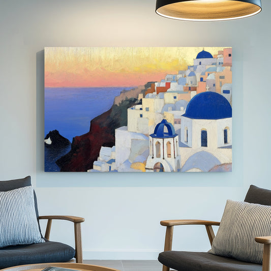 Impressionist wall art print of Santorini’s iconic white buildings and blue domes at sunset with a calm ocean view.