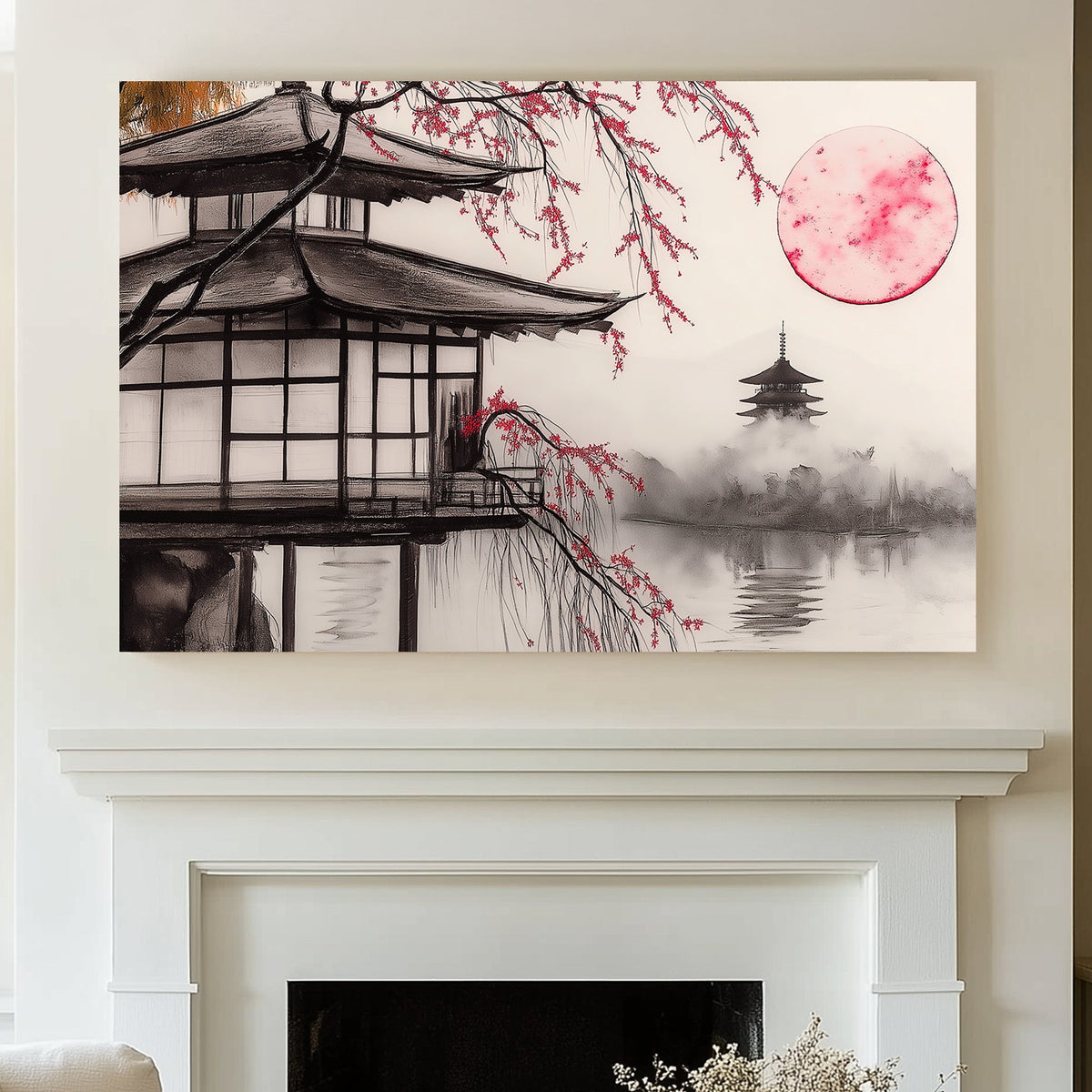 Japanese pagoda with cherry blossoms and red sun reflected in misty waters, ink art-inspired.