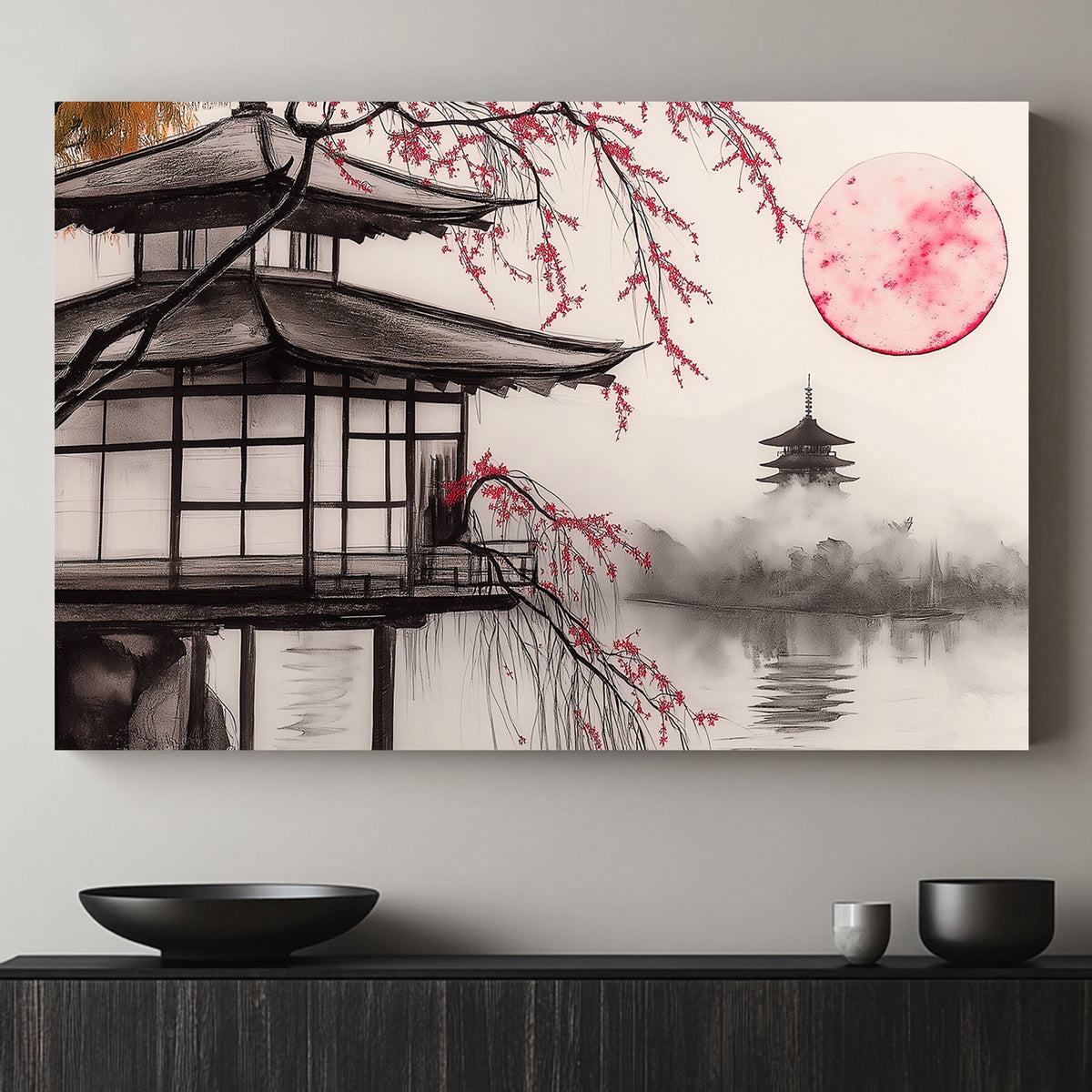 Japanese pagoda with cherry blossoms and red sun reflected in misty waters, ink art-inspired.