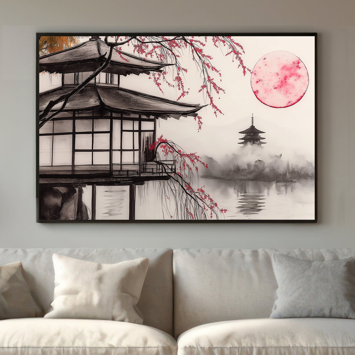 Japanese pagoda with cherry blossoms and red sun reflected in misty waters, ink art-inspired.