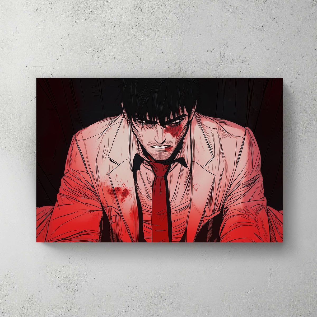 Manga-inspired wall art print of a bloodied man in a white suit with a red tie, expressing grit and determination.