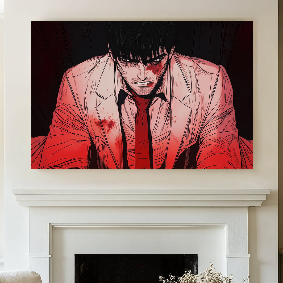 Manga-inspired wall art print of a bloodied man in a white suit with a red tie, expressing grit and determination.