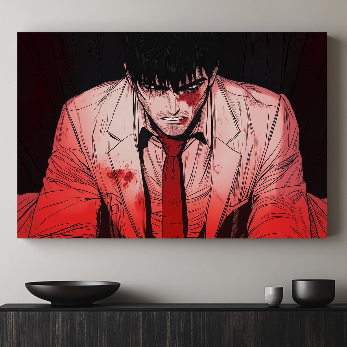 Manga-inspired wall art print of a bloodied man in a white suit with a red tie, expressing grit and determination.