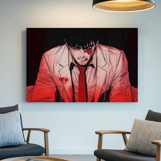 Manga-inspired wall art print of a bloodied man in a white suit with a red tie, expressing grit and determination.