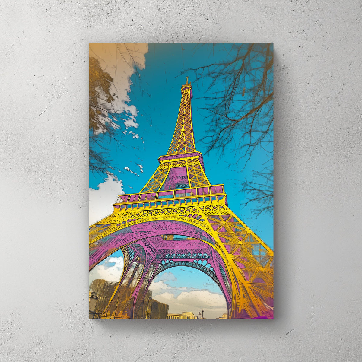 Vibrant pop art rendition of the Eiffel Tower with bold yellow, pink, and blue tones against a bright sky.