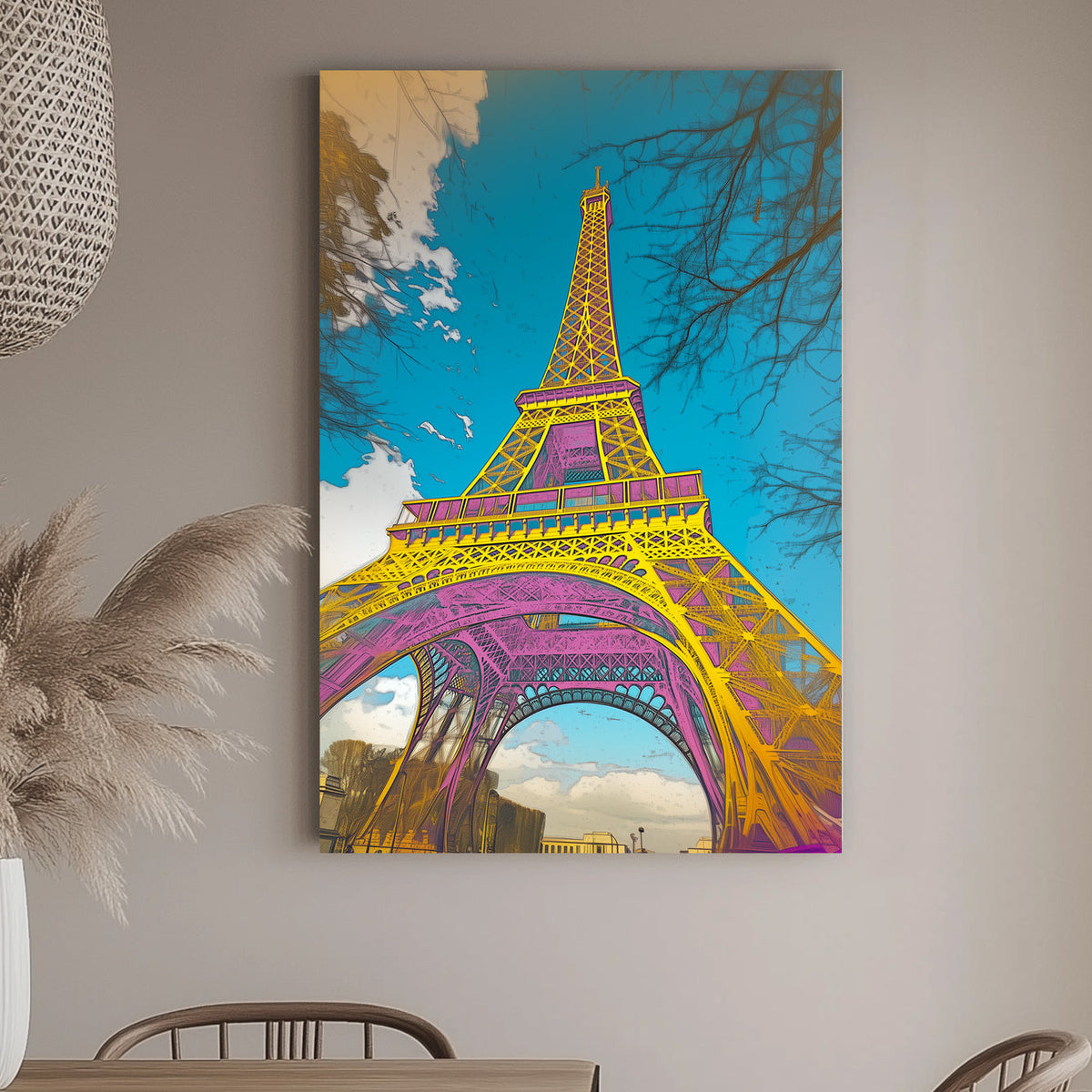 Vibrant pop art rendition of the Eiffel Tower with bold yellow, pink, and blue tones against a bright sky.