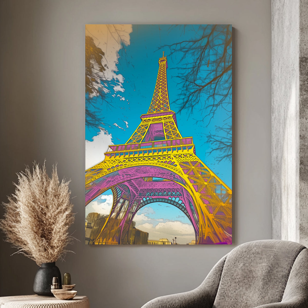 Vibrant pop art rendition of the Eiffel Tower with bold yellow, pink, and blue tones against a bright sky.