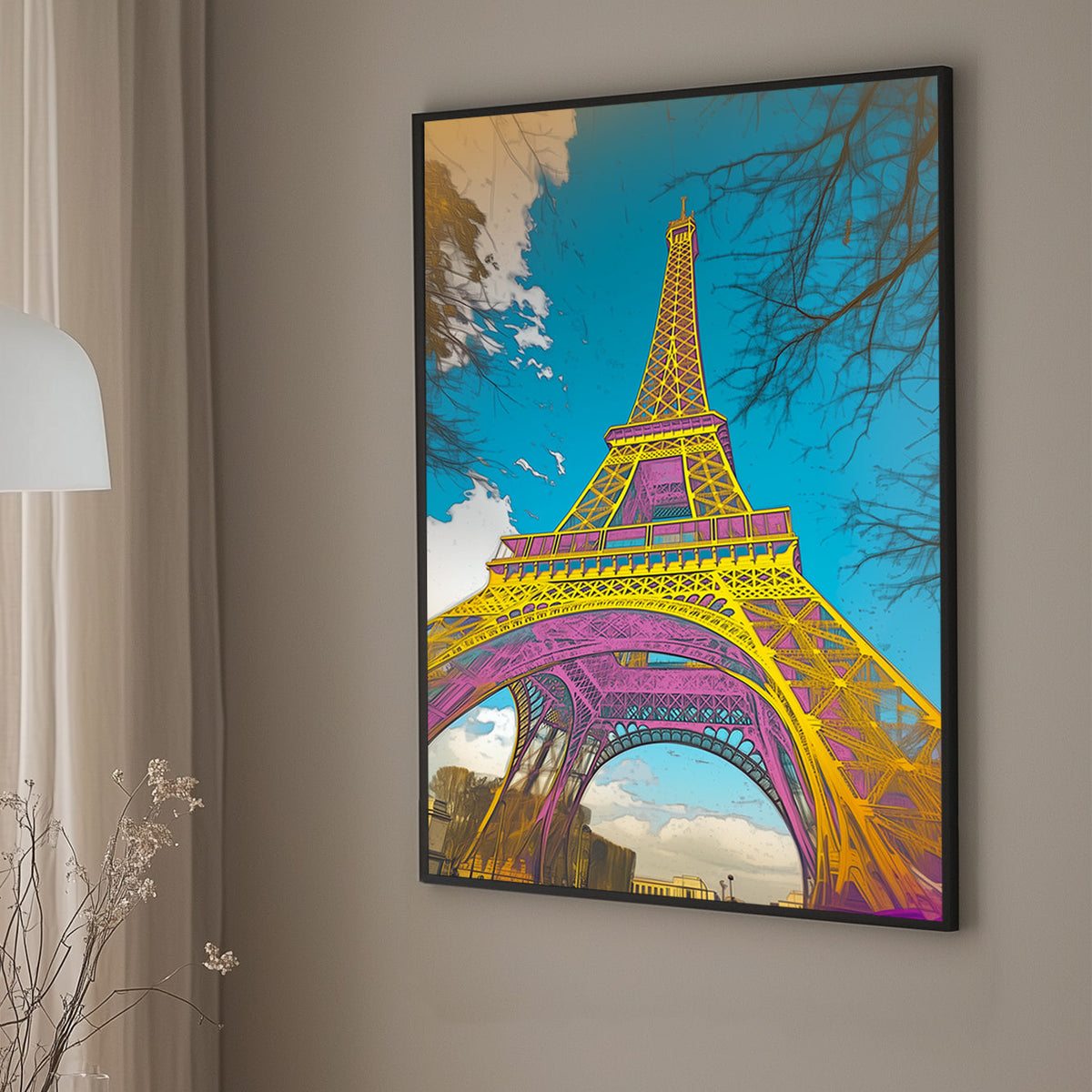 Vibrant pop art rendition of the Eiffel Tower with bold yellow, pink, and blue tones against a bright sky.