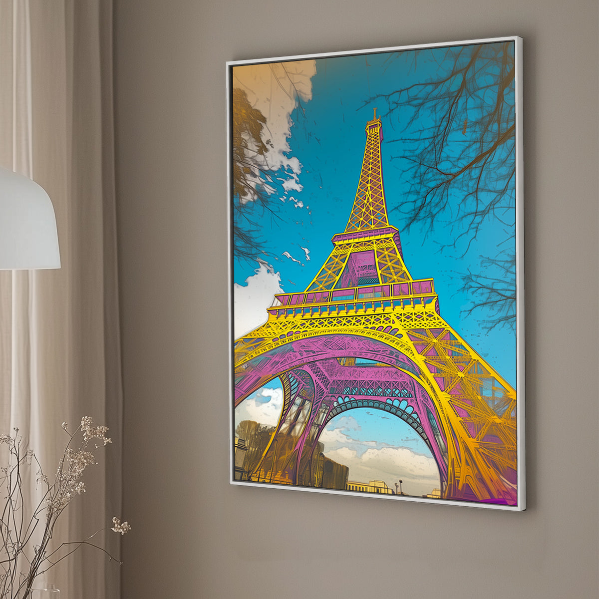 Vibrant pop art rendition of the Eiffel Tower with bold yellow, pink, and blue tones against a bright sky.