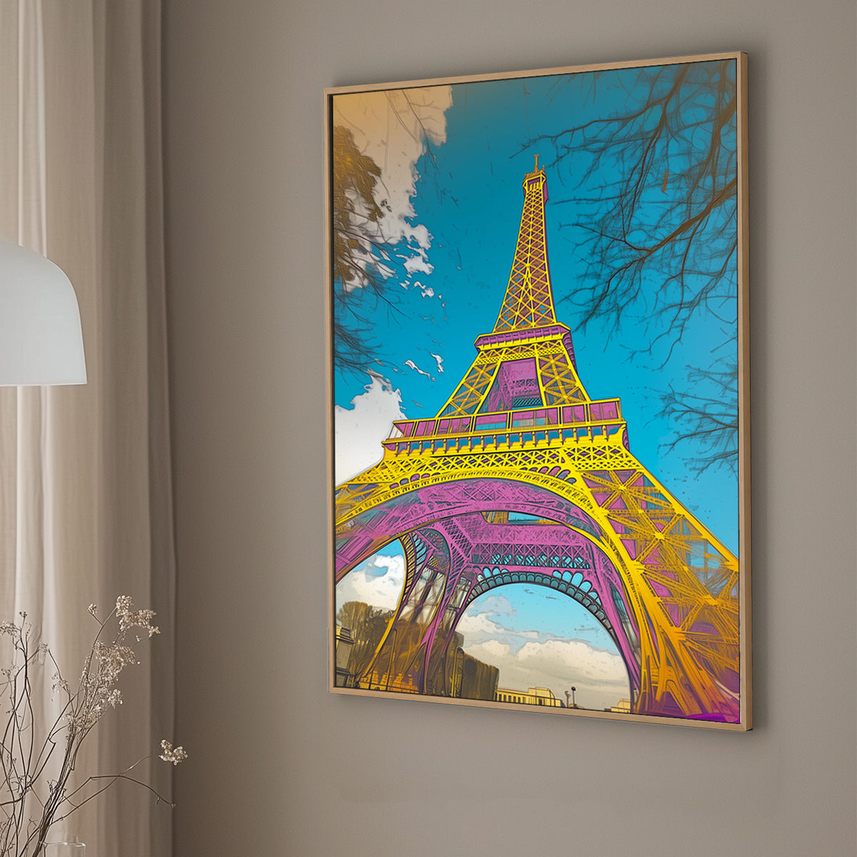 Vibrant pop art rendition of the Eiffel Tower with bold yellow, pink, and blue tones against a bright sky.