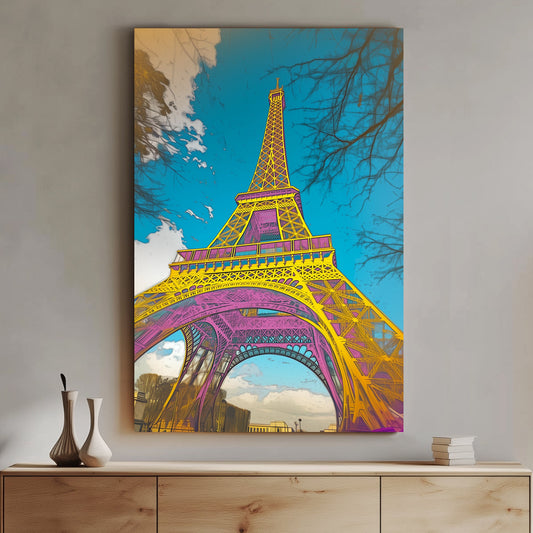 Vibrant pop art rendition of the Eiffel Tower with bold yellow, pink, and blue tones against a bright sky.