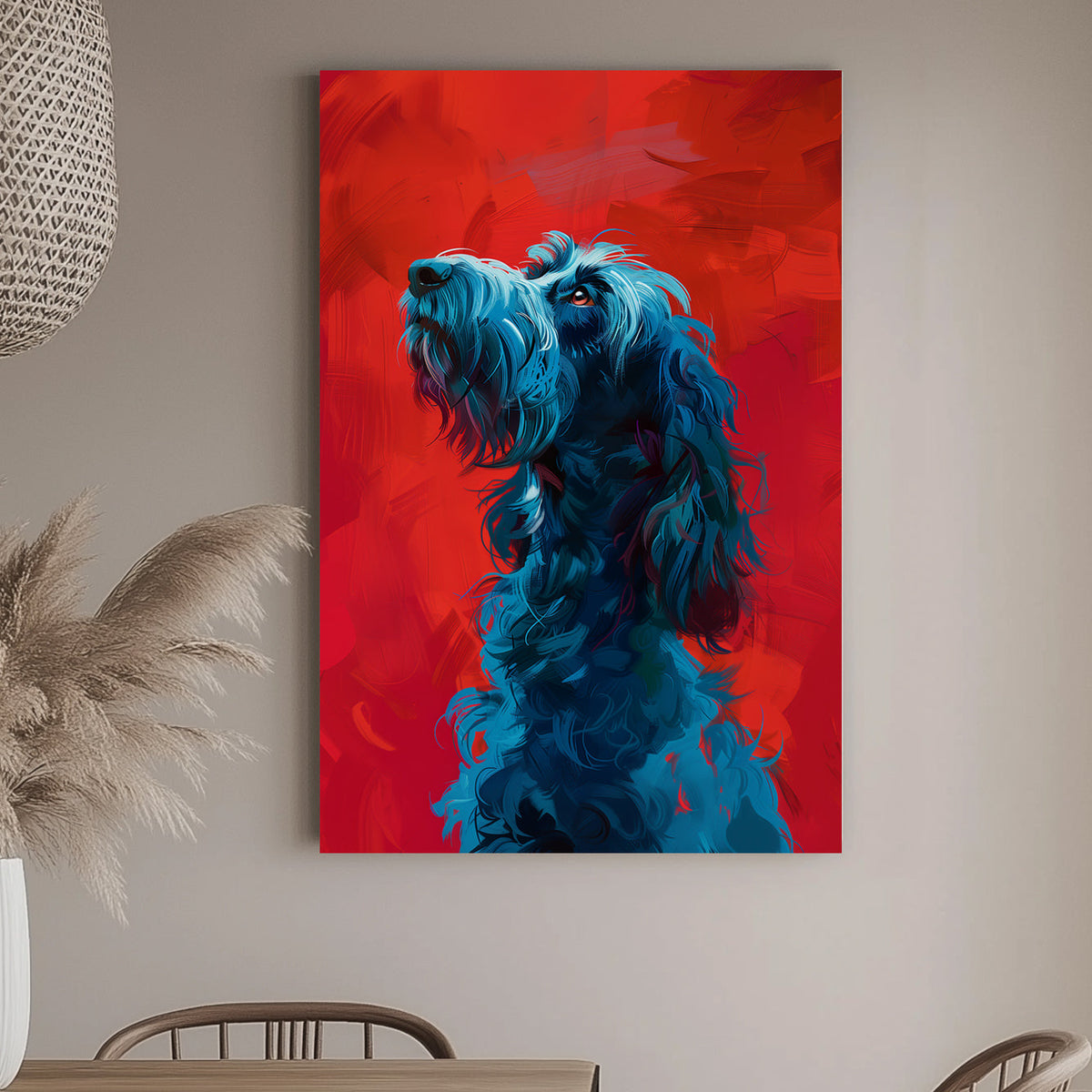 Artistic depiction of a blue shaggy dog on a vibrant red background, showcasing bold brushstrokes and expressive details.