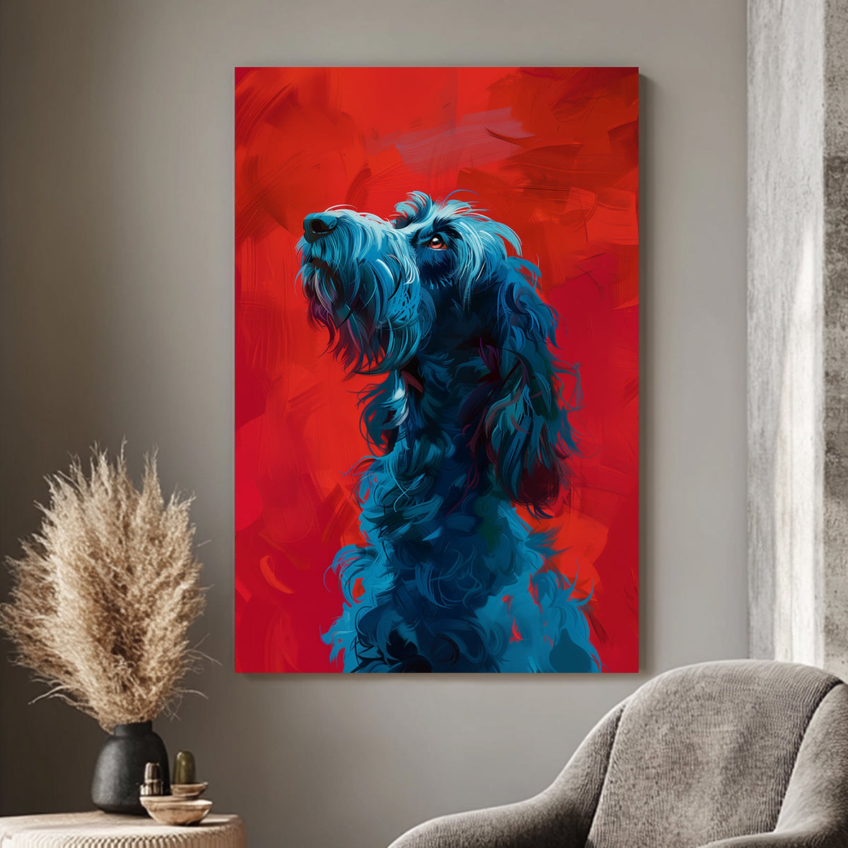 Artistic depiction of a blue shaggy dog on a vibrant red background, showcasing bold brushstrokes and expressive details.