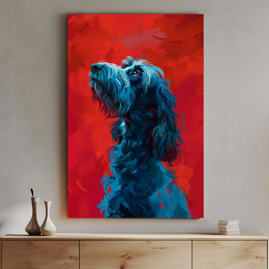 Artistic depiction of a blue shaggy dog on a vibrant red background, showcasing bold brushstrokes and expressive details.