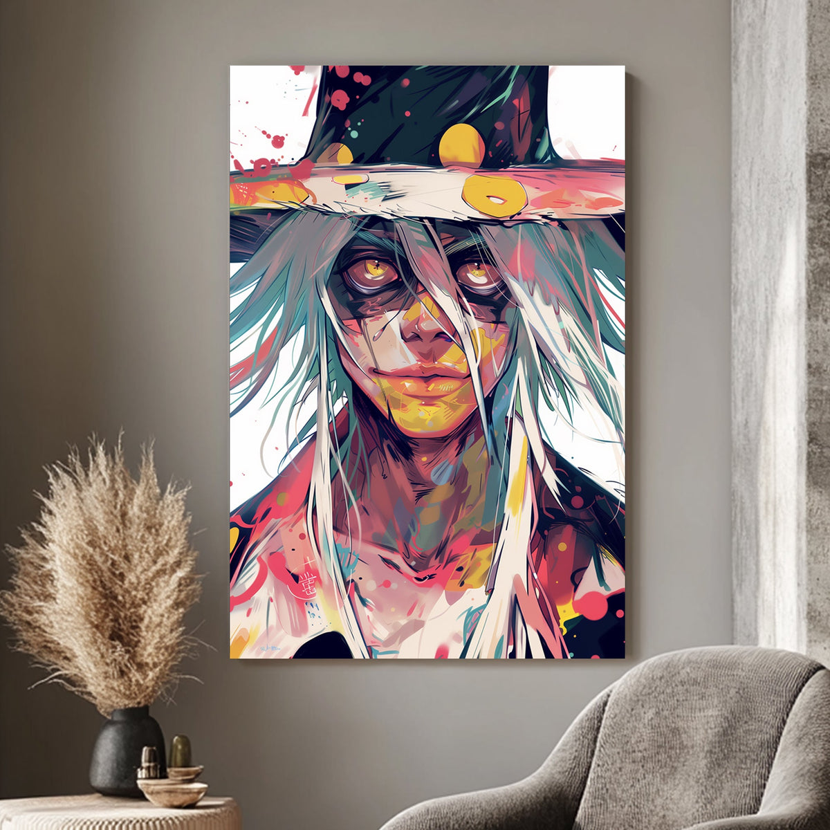 Dynamic portrait of a mystical character with golden eyes and vibrant splashes of colour, blending anime and abstract art styles.