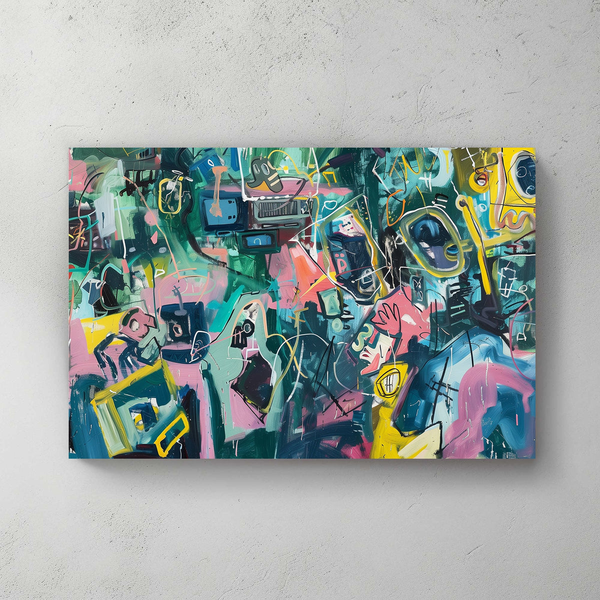 Energetic abstract wall art print featuring vibrant colours, dynamic lines, and bold shapes, perfect for modern and creative spaces.