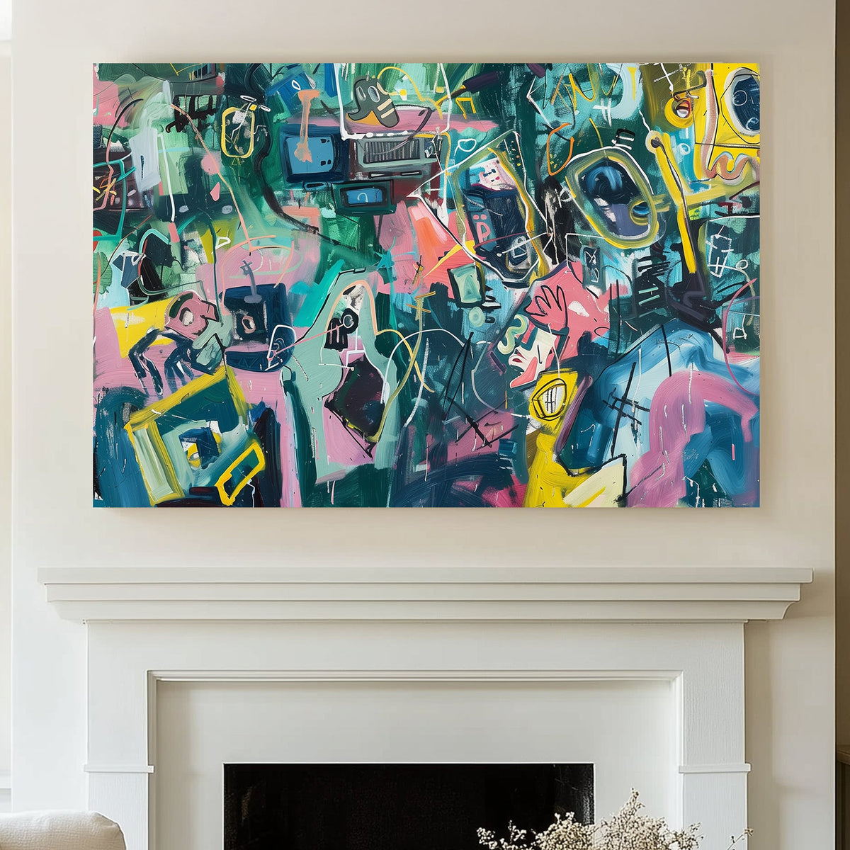 Energetic abstract wall art print featuring vibrant colours, dynamic lines, and bold shapes, perfect for modern and creative spaces.
