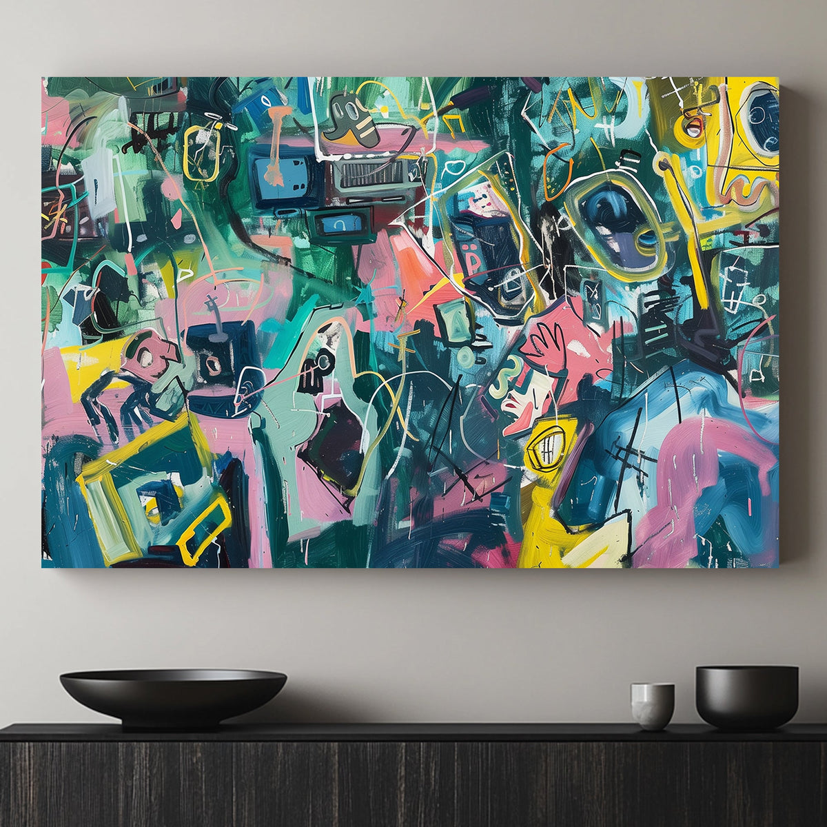 Energetic abstract wall art print featuring vibrant colours, dynamic lines, and bold shapes, perfect for modern and creative spaces.