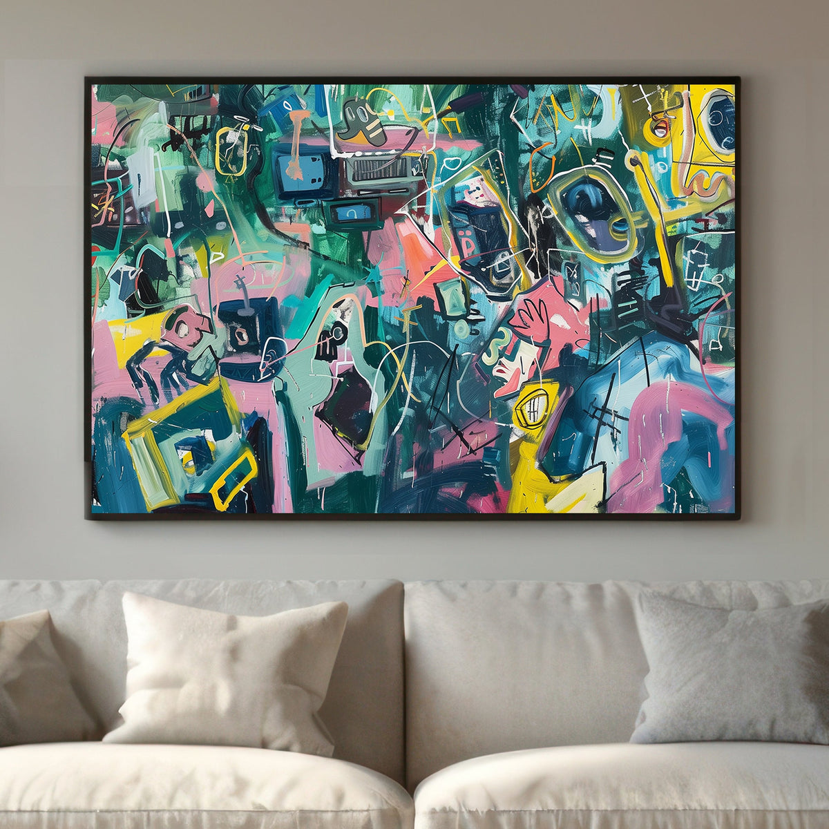 Energetic abstract wall art print featuring vibrant colours, dynamic lines, and bold shapes, perfect for modern and creative spaces.