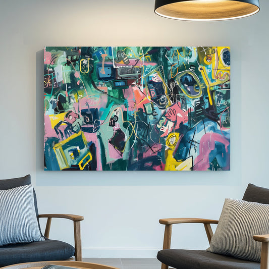 Energetic abstract wall art print featuring vibrant colours, dynamic lines, and bold shapes, perfect for modern and creative spaces.