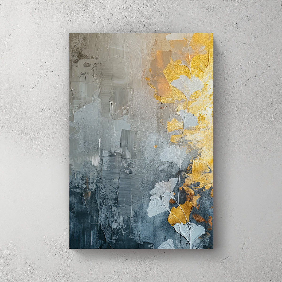 Abstract wall art print featuring golden and white ginkgo leaves against a textured grey background, perfect for modern and minimalist interiors.