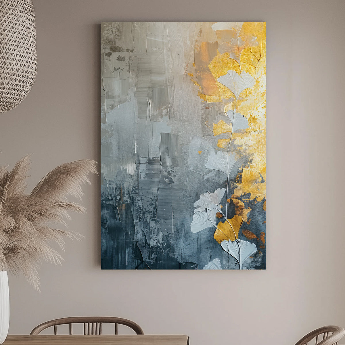 Abstract wall art print featuring golden and white ginkgo leaves against a textured grey background, perfect for modern and minimalist interiors.