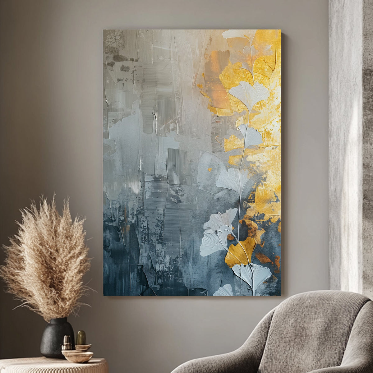 Abstract wall art print featuring golden and white ginkgo leaves against a textured grey background, perfect for modern and minimalist interiors.