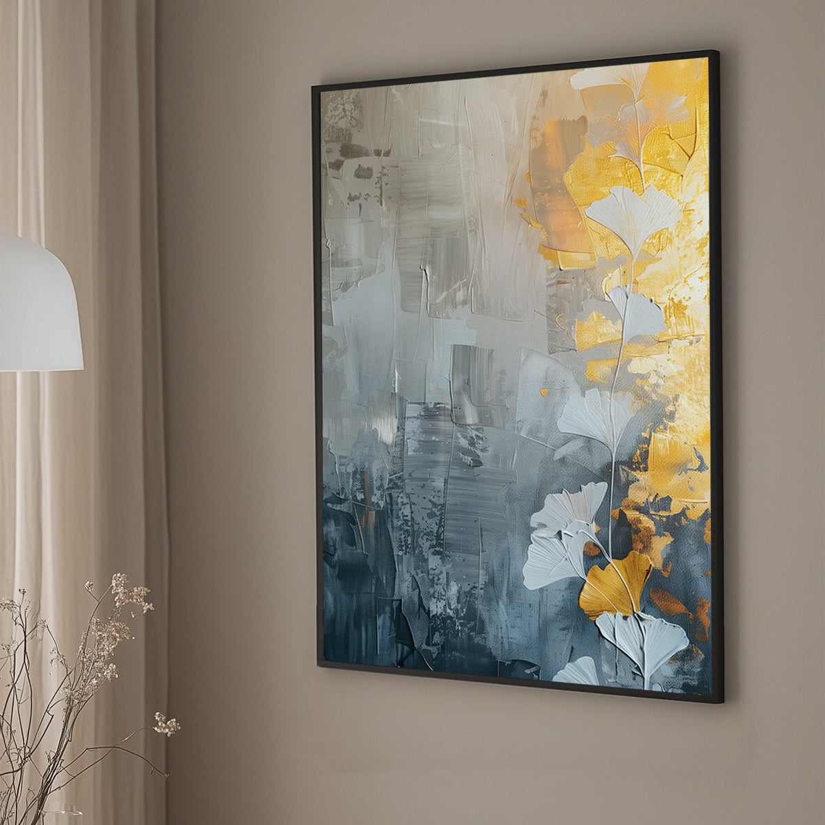 Abstract wall art print featuring golden and white ginkgo leaves against a textured grey background, perfect for modern and minimalist interiors.