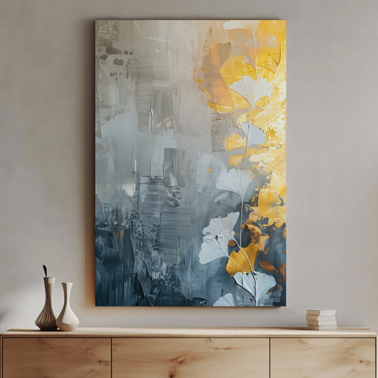 Abstract wall art print featuring golden and white ginkgo leaves against a textured grey background, perfect for modern and minimalist interiors.