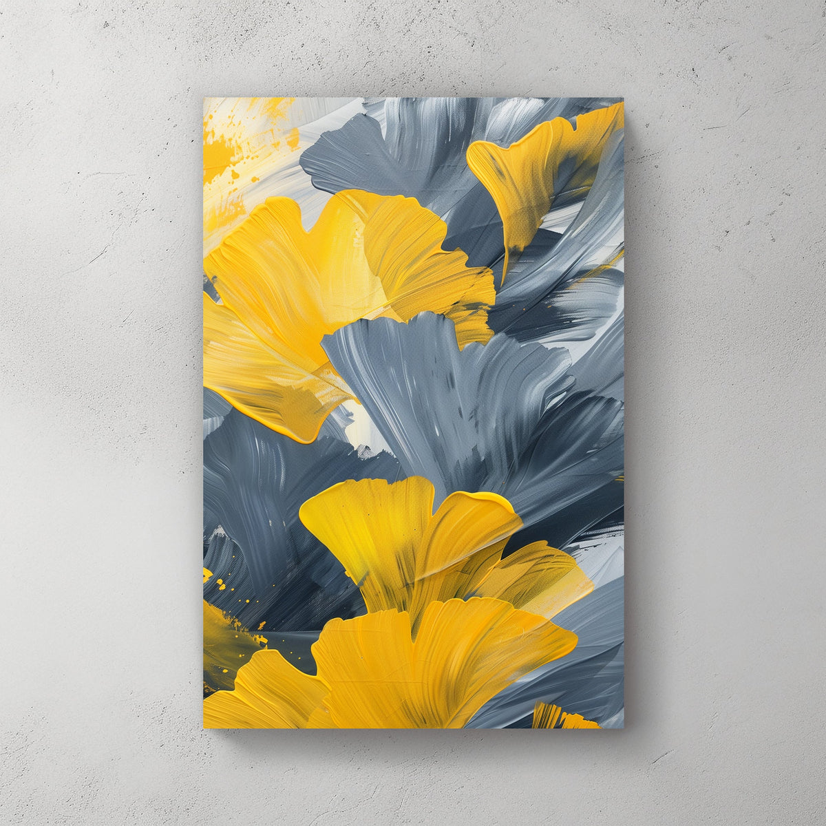 Bold abstract art featuring yellow ginkgo leaves contrasted with grey and white brushstrokes, perfect for contemporary and modern interiors.