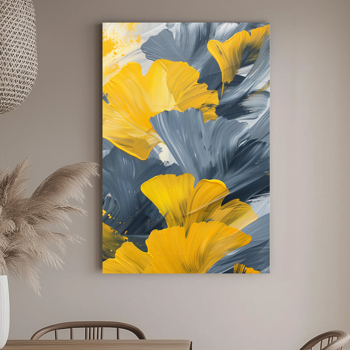 Bold abstract art featuring yellow ginkgo leaves contrasted with grey and white brushstrokes, perfect for contemporary and modern interiors.