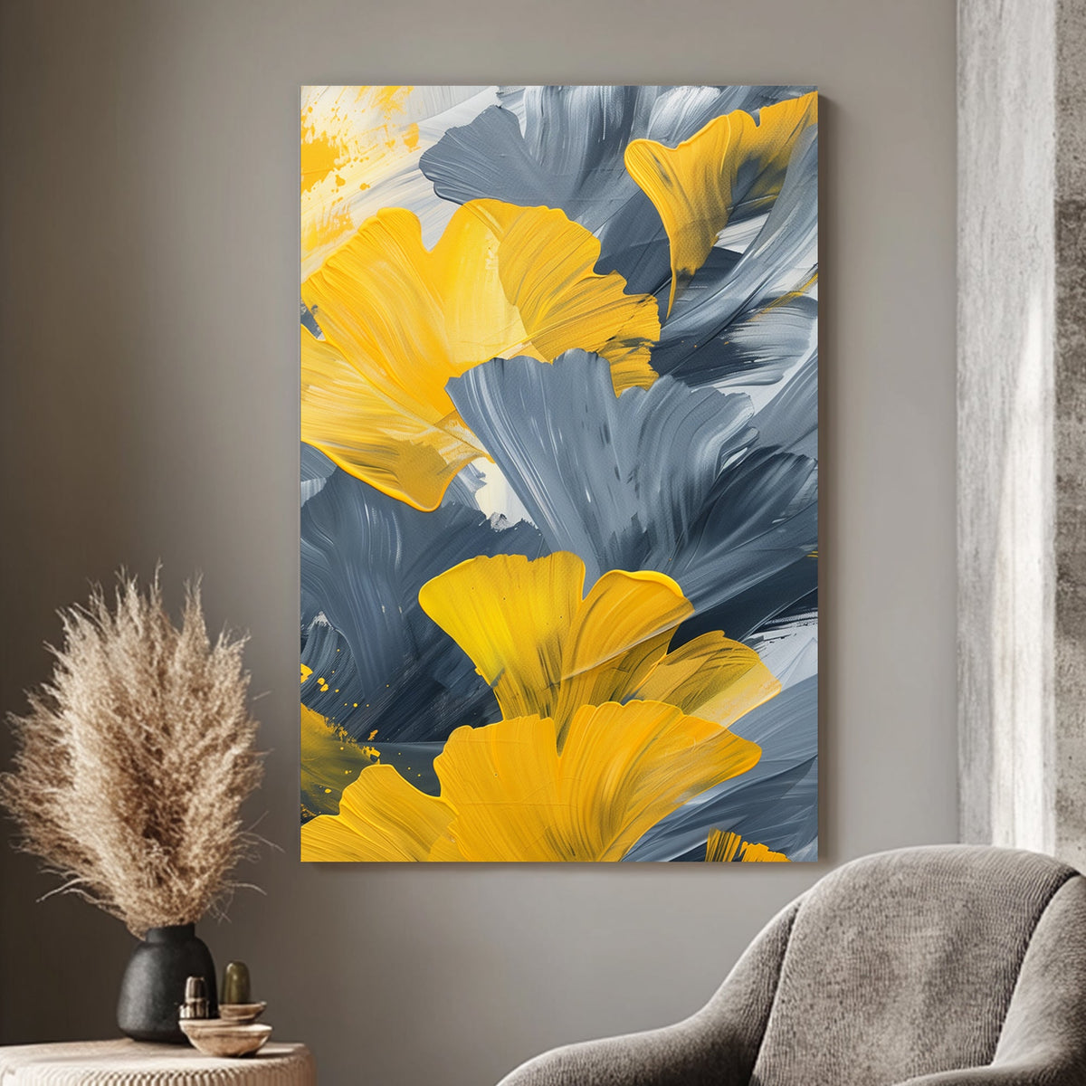 Bold abstract art featuring yellow ginkgo leaves contrasted with grey and white brushstrokes, perfect for contemporary and modern interiors.