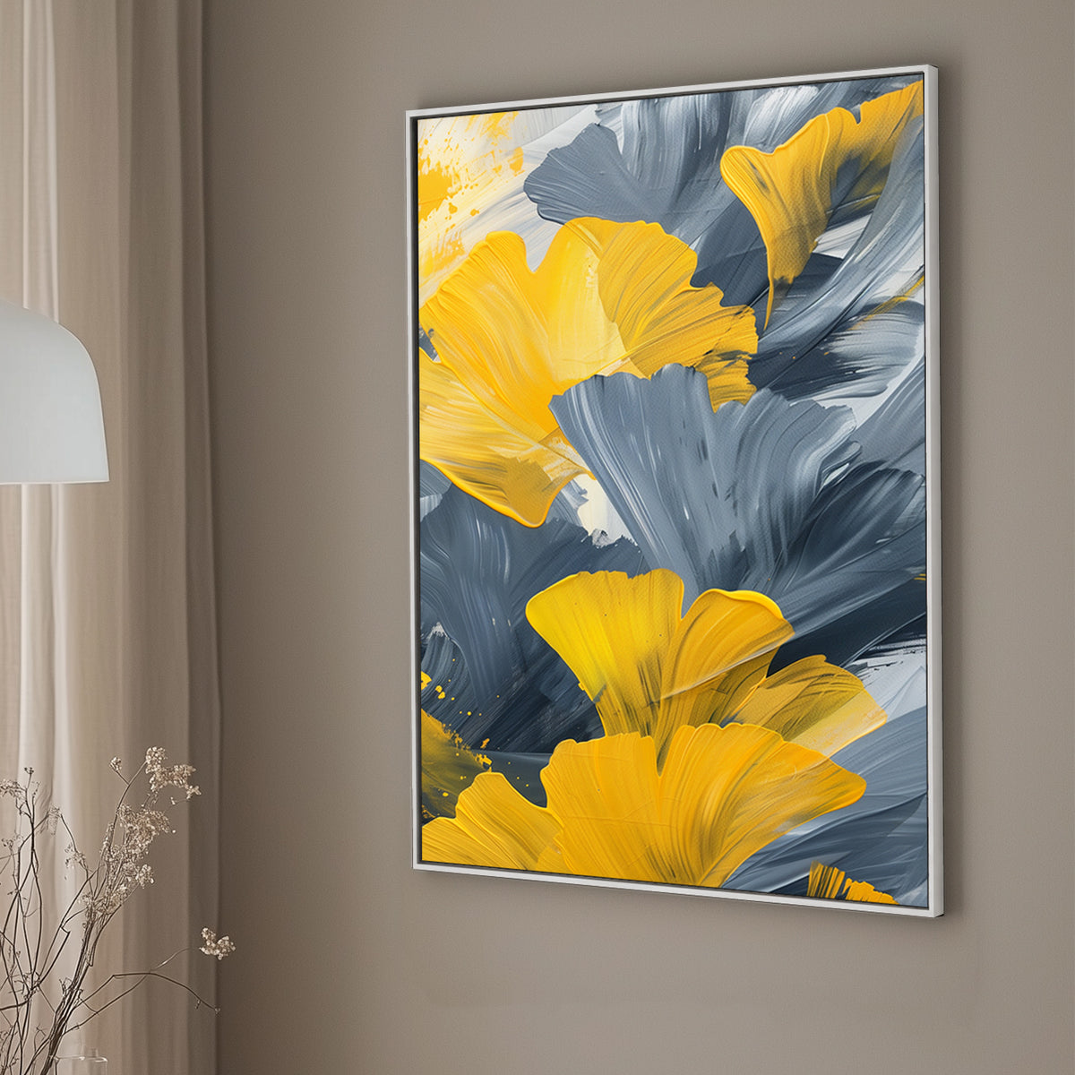 Bold abstract art featuring yellow ginkgo leaves contrasted with grey and white brushstrokes, perfect for contemporary and modern interiors.