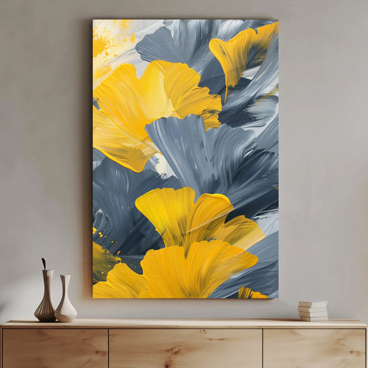 Bold abstract art featuring yellow ginkgo leaves contrasted with grey and white brushstrokes, perfect for contemporary and modern interiors.