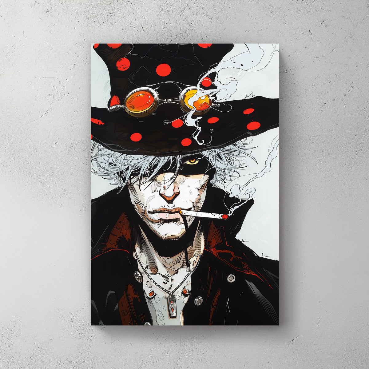 Intense anime-inspired wall art print featuring a mysterious figure with a polka-dot hat, goggles, and a smouldering cigarette, perfect for modern and edgy interiors.