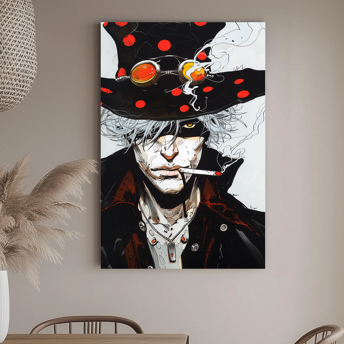 Intense anime-inspired wall art print featuring a mysterious figure with a polka-dot hat, goggles, and a smouldering cigarette, perfect for modern and edgy interiors.