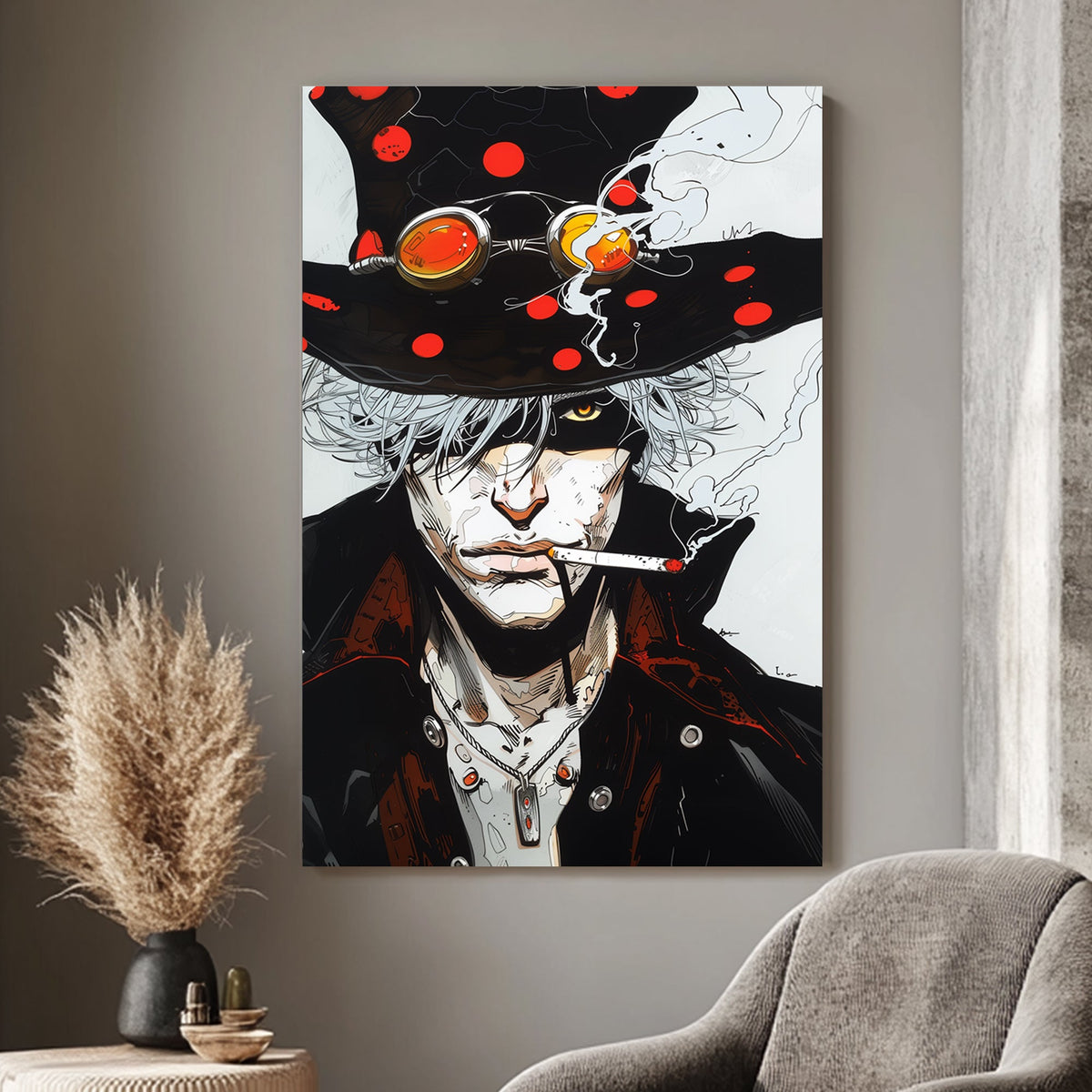 Intense anime-inspired wall art print featuring a mysterious figure with a polka-dot hat, goggles, and a smouldering cigarette, perfect for modern and edgy interiors.