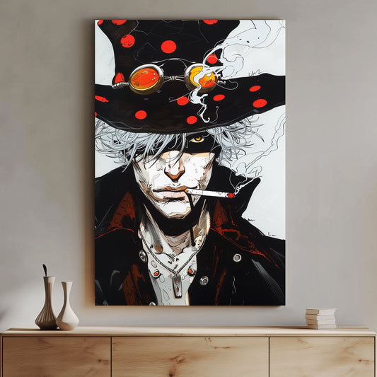 Intense anime-inspired wall art print featuring a mysterious figure with a polka-dot hat, goggles, and a smouldering cigarette, perfect for modern and edgy interiors.