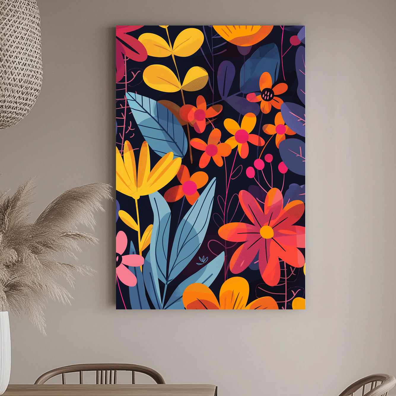 Bold floral wall art print with bright orange, red, and yellow flowers on a deep navy background, perfect for modern and vibrant interiors.