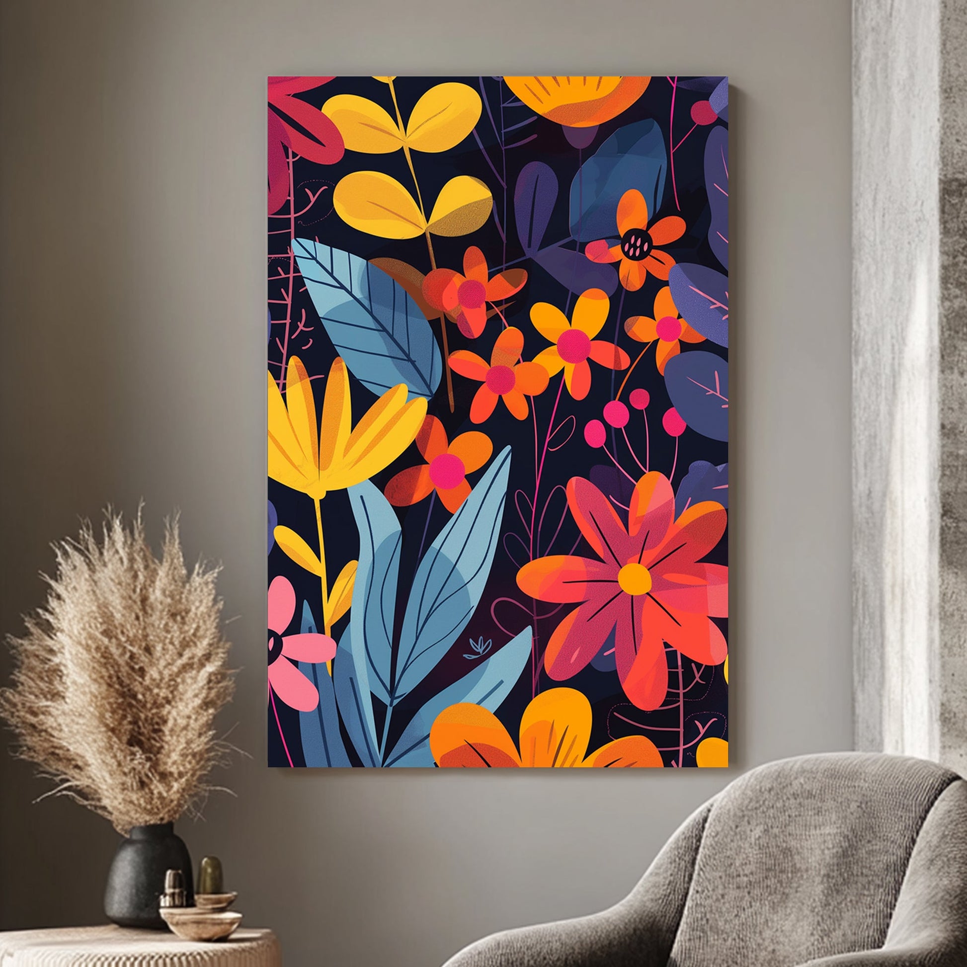 Bold floral wall art print with bright orange, red, and yellow flowers on a deep navy background, perfect for modern and vibrant interiors.