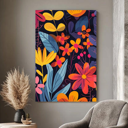 Bold floral wall art print with bright orange, red, and yellow flowers on a deep navy background, perfect for modern and vibrant interiors.