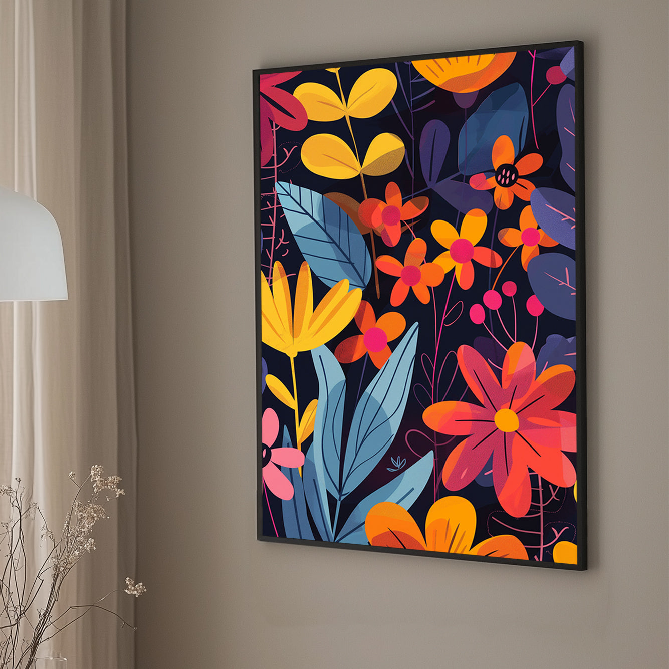 Bold floral wall art print with bright orange, red, and yellow flowers on a deep navy background, perfect for modern and vibrant interiors.